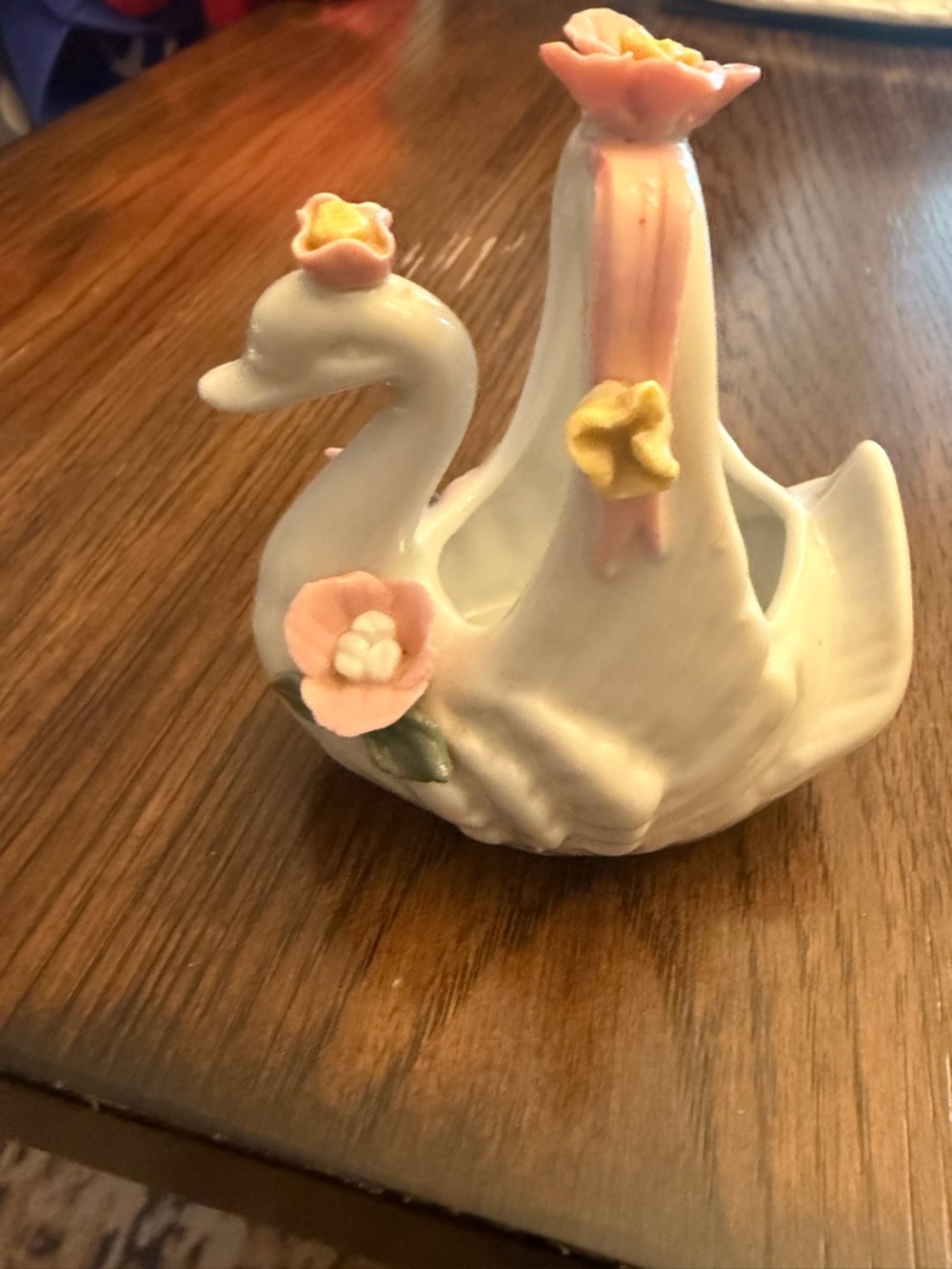Porcelain Swan Figurine with Pink Floral Accents. Vintage small trinket holder. - Picture 3 of 5